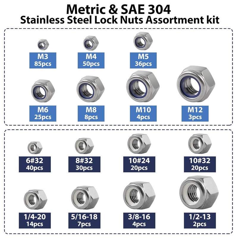 ZQZ 348 Pack SAE & Metric Nylon Insert Locknuts Kit,6#32 8#32 10#24 10#32 1/4-20 5/16-18 3/8-16 1/2-13 M3 M4 M5 M6 M8 M10 M12 304 Stainless Steel Standard Thread Nylock Nuts - Image 2